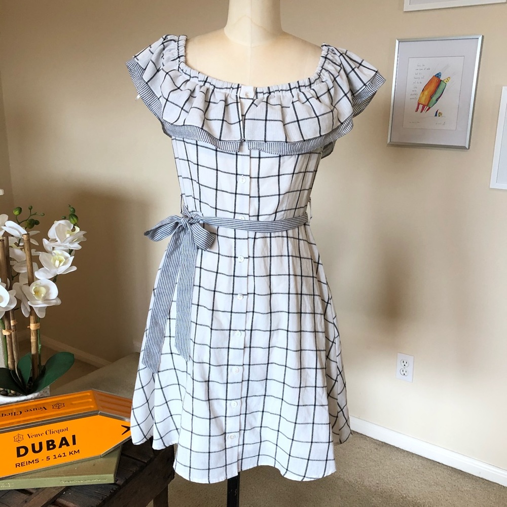 SKIES ARE BLUE white blue checkered grid pattern off the shoulder dress